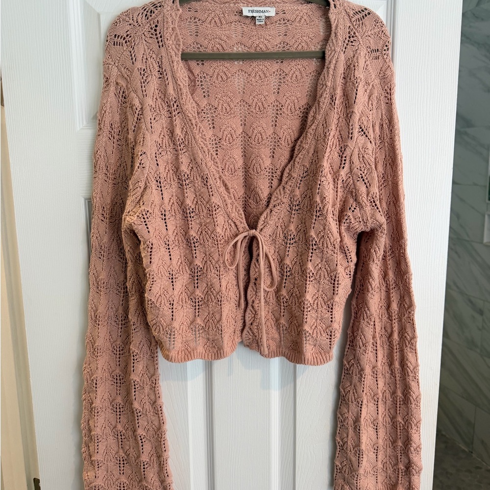 Freshman Rose Pink Open-Knit Tie-Front Cardigan